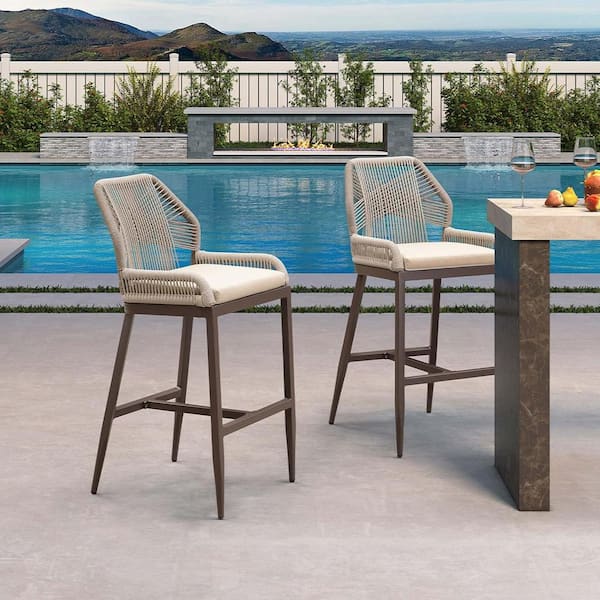 PURPLE LEAF Modern Aluminum Twill Wicker Woven Bar Height Outdoor Bar Stool with Back and Sunbrella Khaki Cushion (2-Pack)