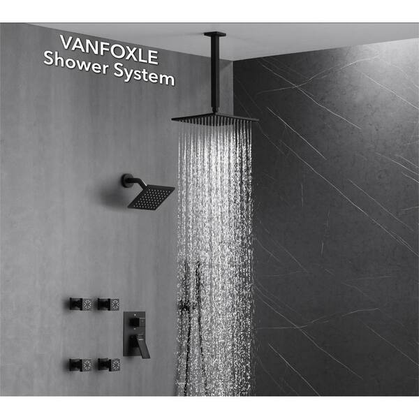 Luxury Single Handle 5-Spray Shower Faucet 1.8 GPM 10 in. Square Ceiling Mounted with Pressure Balance in. Matte Black