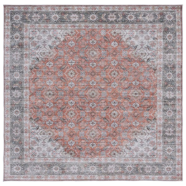 SAFAVIEH Arizona 6 ft. x 6 ft. Rust/Olive Machine Washable Distressed Ornate Border square Area Rug