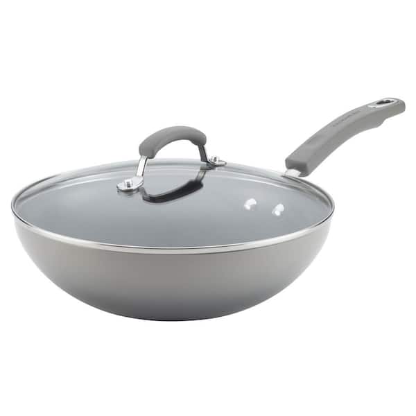 Rachael Ray Classic Brights 11 in. Aluminum Nonstick Stir Fry Pan in Sea Salt Gray Gradient with Glass Lid
