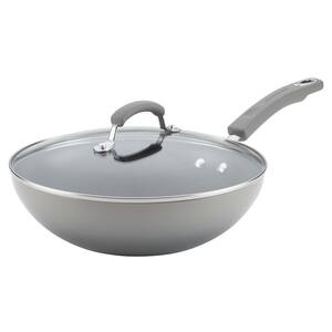 Classic Brights 11 in. Aluminum Nonstick Stir Fry Pan in Sea Salt Gray Gradient with Glass Lid