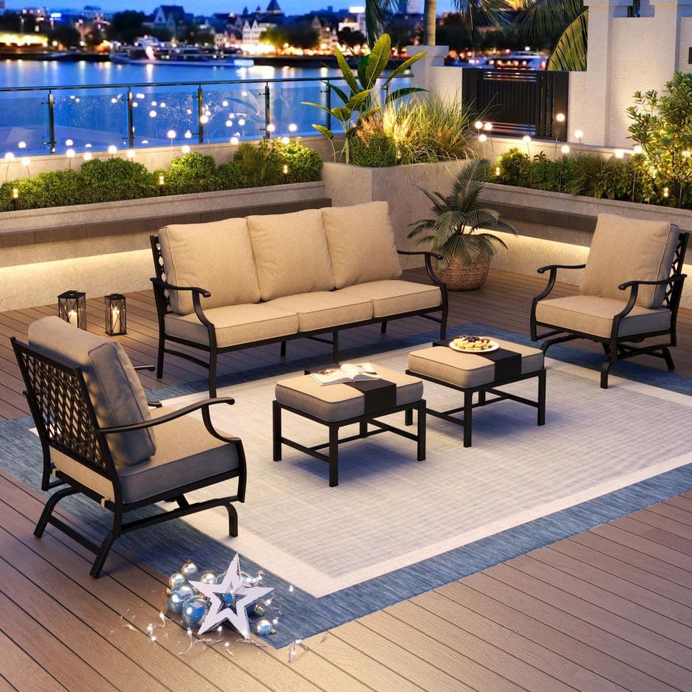 PHI VILLA Black 5-Piece Metal Meshed 7-Seat Outdoor Patio