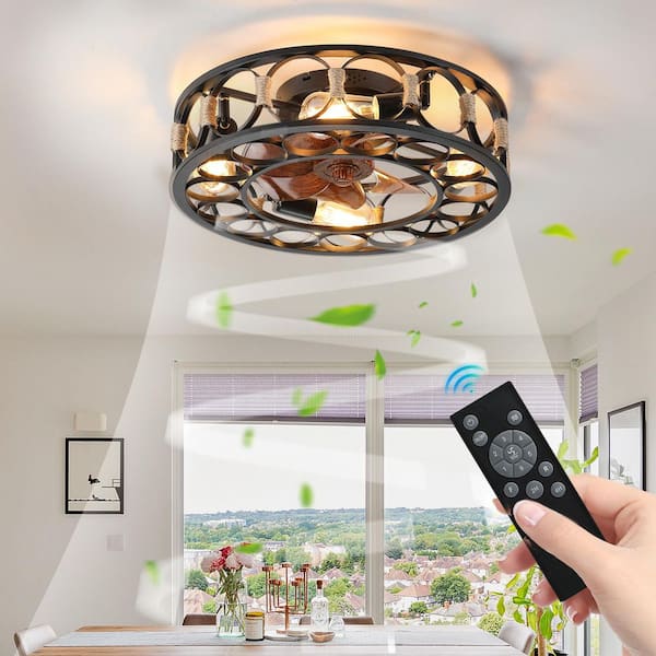Unbranded 20 in. Indoor Black Caged Enclosed Smart Ceiling Fan with 4-Light and Remote, Low Profile Flush Mount Ceiling Fan
