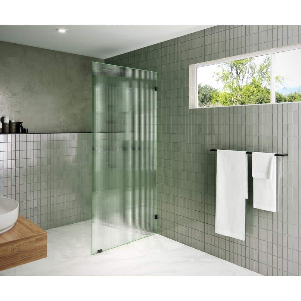 Gaia 36" x 78" Frameless Fluted Frosted Glass Shower Panel with Matte Black Hardware