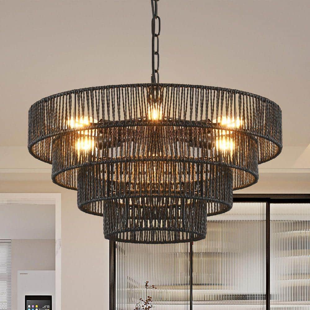Sunpez 6-Light Black Rattan Chandelier Boho 4 Tier Round Hand
