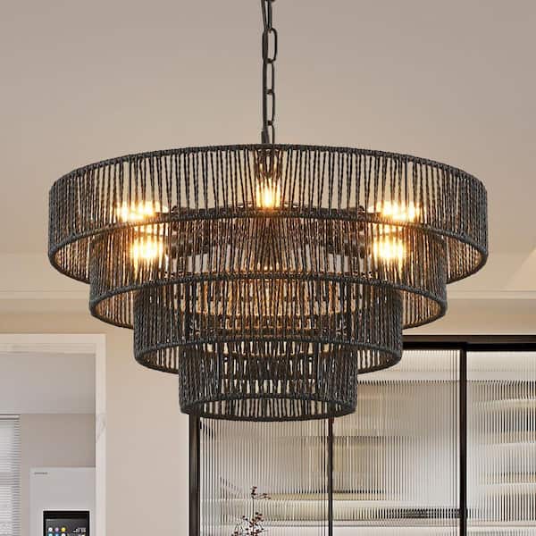6-Light Black Rattan Chandelier Boho 4 Tier Round Hand-Woven Pendant Light for Dining Room, No Bulbs Included, E12