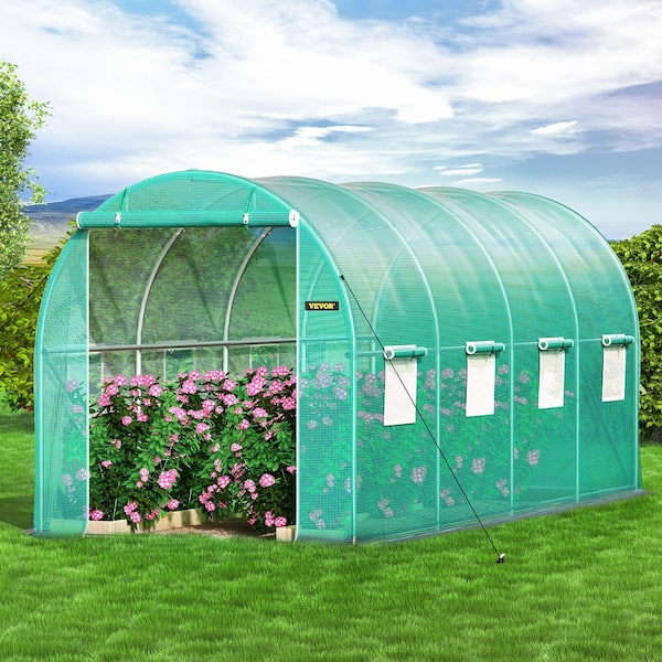 Walk-in Tunnel Greenhouse 15 ft. D x 7 ft. W x 7 ft. H Portable Plant Greenhouse with Door & 8 Roll-up Windows, Green