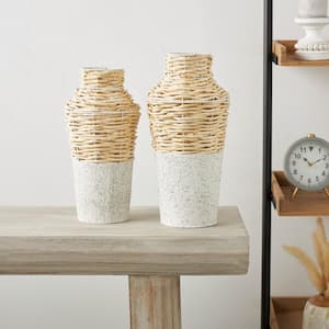 Brown Woven Seagrass Decorative Vase with Speckled Black and White Bases (Set of 2)
