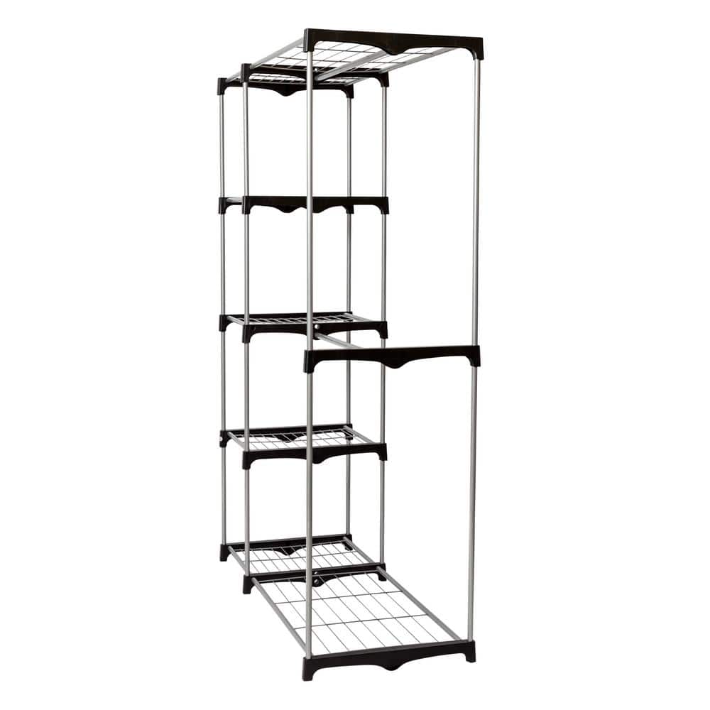 Silver and Black Steel Double Rod Freestanding Closet with Shelves