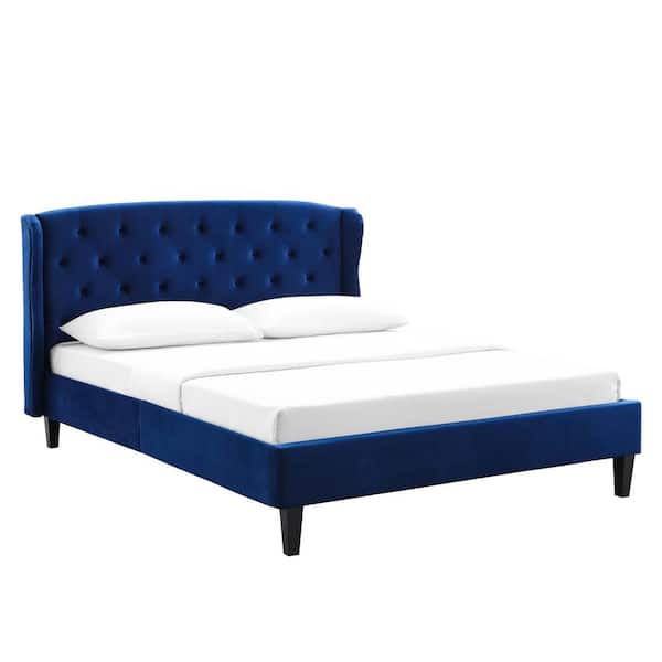 Penelope in Navy Tufted Wingback Queen Performance Velvet Platform Bed