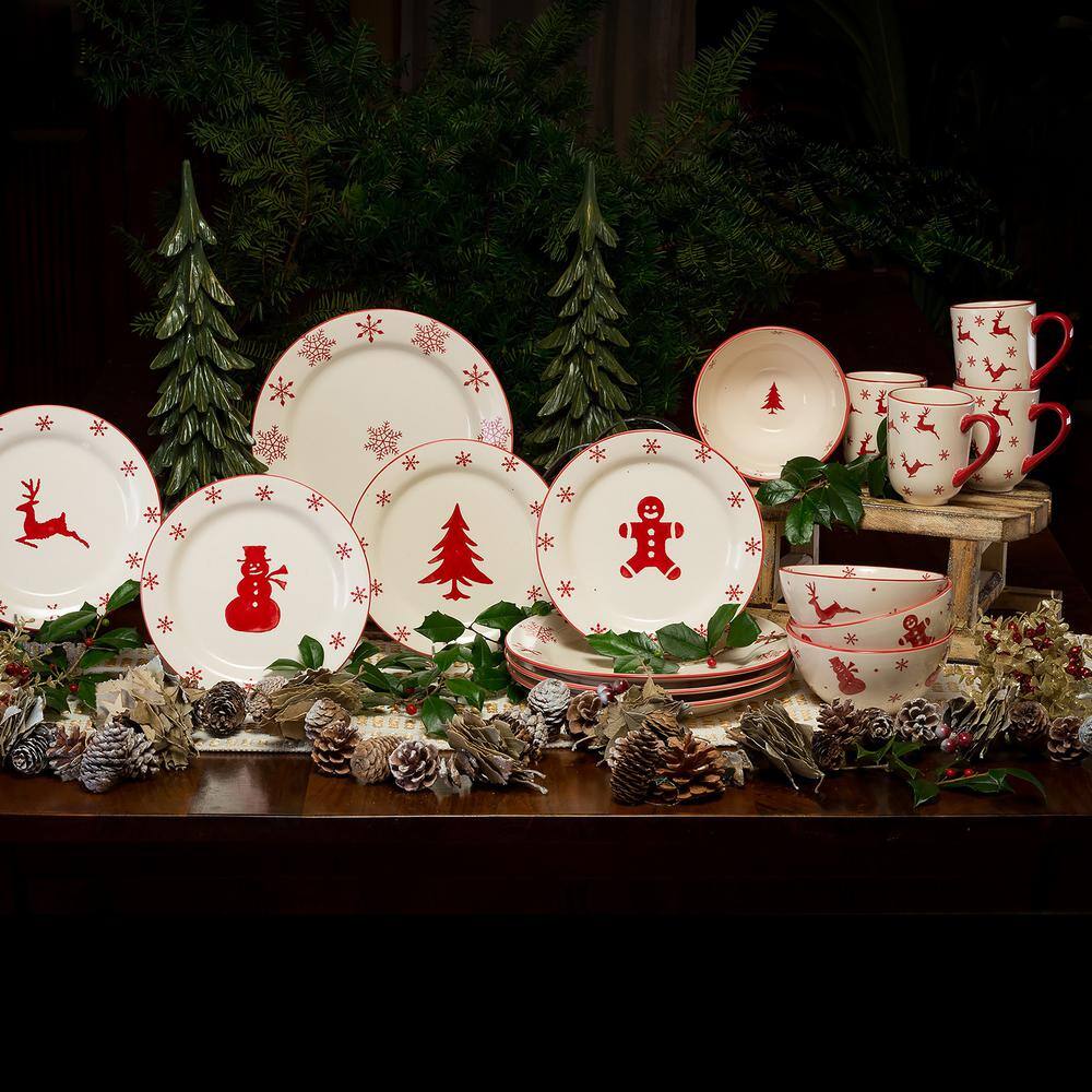 Winterfest Red and White Ceramic Holiday Dinnerware Set, Service for 4