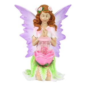 10 in. Solar Fairy with Rose with Firefly Jar Garden Statue