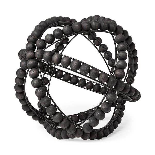 HomeRoots 12 in. Black Black Wooden Bead and Metal Orb Sculpture