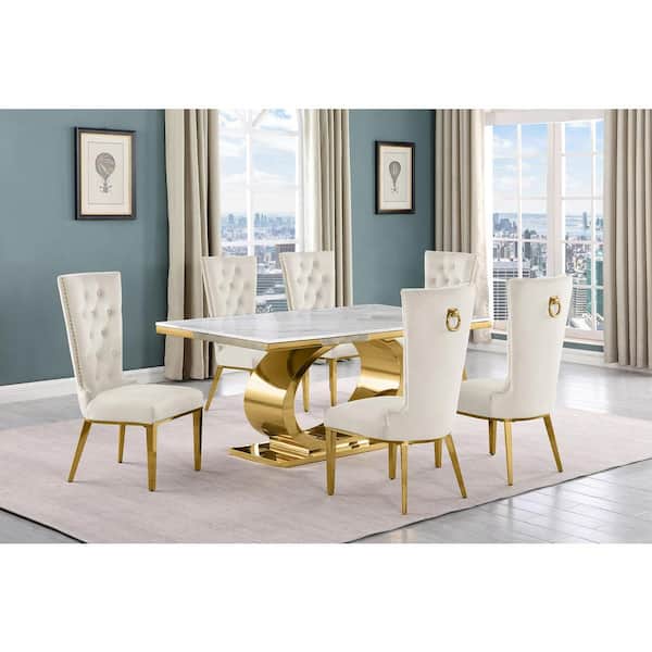 Best Quality Furniture Ibraim 7-Piece Rectangle White Marble Top With Gold Stainless Steel Base Dining Set With 6-Cream Velvet Fabric Chair