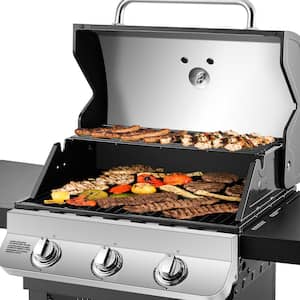 Premier 3-Burner Natural Gas Grill in Stainless Steel with Folding Side Tables
