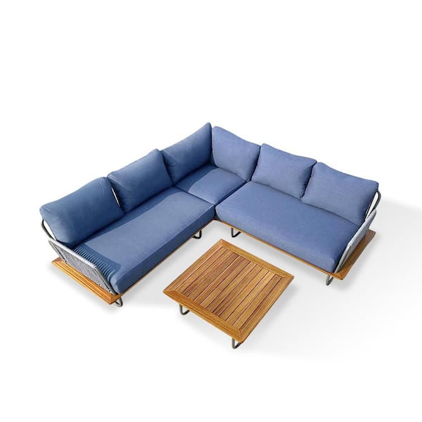Kingston 4-Piece Aluminum Woven Rope Outdoor Patio Sectional Sofa Set with Acrylic Spectrum Indigo Cushions