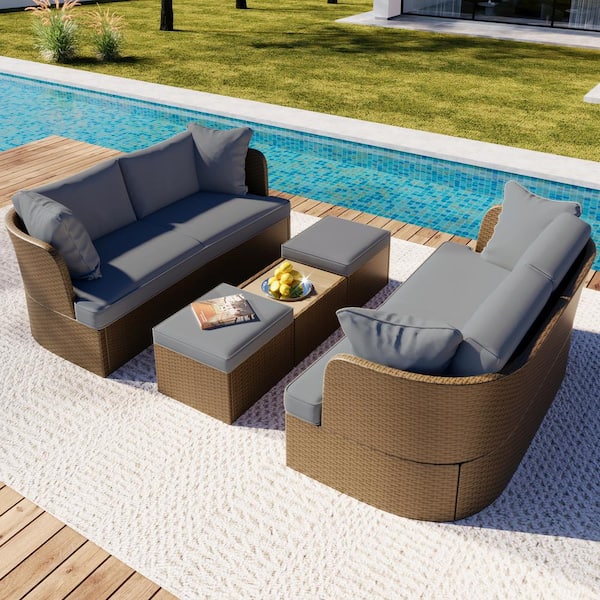 Zeus & Ruta Yellow Wicker 5-Piece Patio Outdoor Sectional Sofa Set with Gray Cushions, 1 Coffee Table and 2 Ottomans