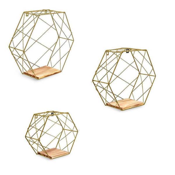 Cubilan 4.3 in. x 14.6 in. x 12.8 in. Gold Wood Decorative Wall Floating Shelves with Iron Brackets