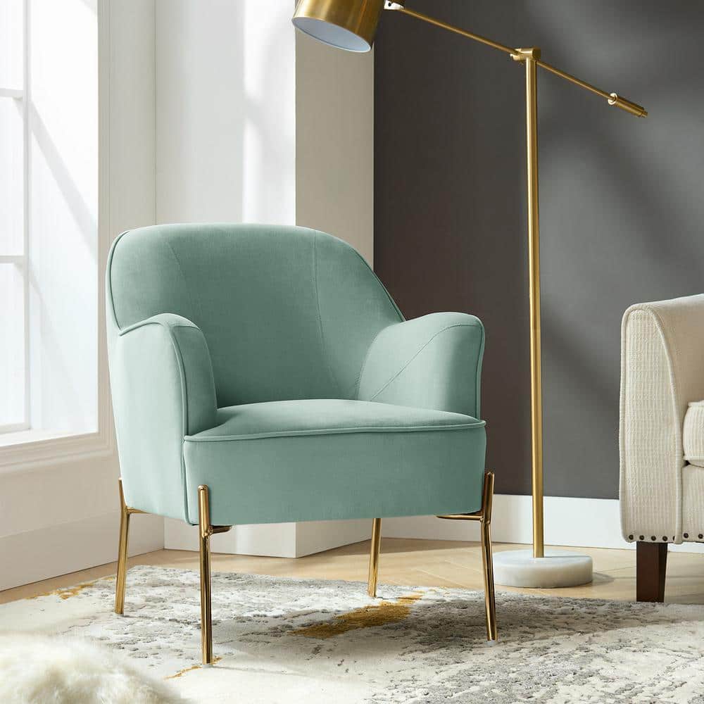 Sage Velvet and Gold Metal Mid-Century Modern Accent Chair