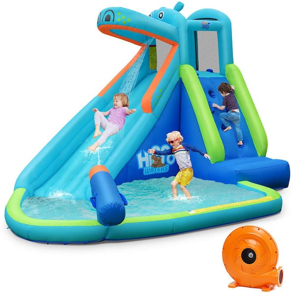 Inflatable Kids Hippo Bounce House Slide Climbing Wall Splash Pool with 740-Watt Blower