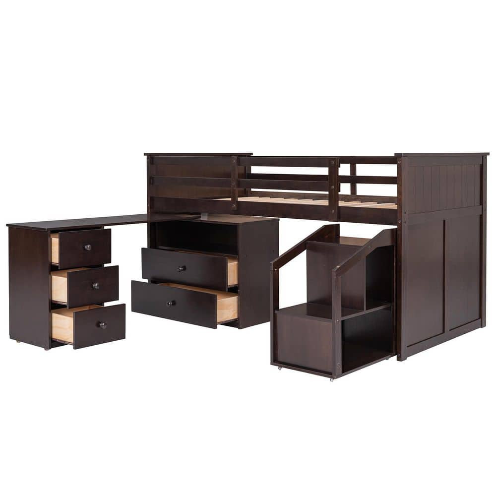 Qualler Espresso Twin Size Loft Bed With Storage Steps and Desk - 3