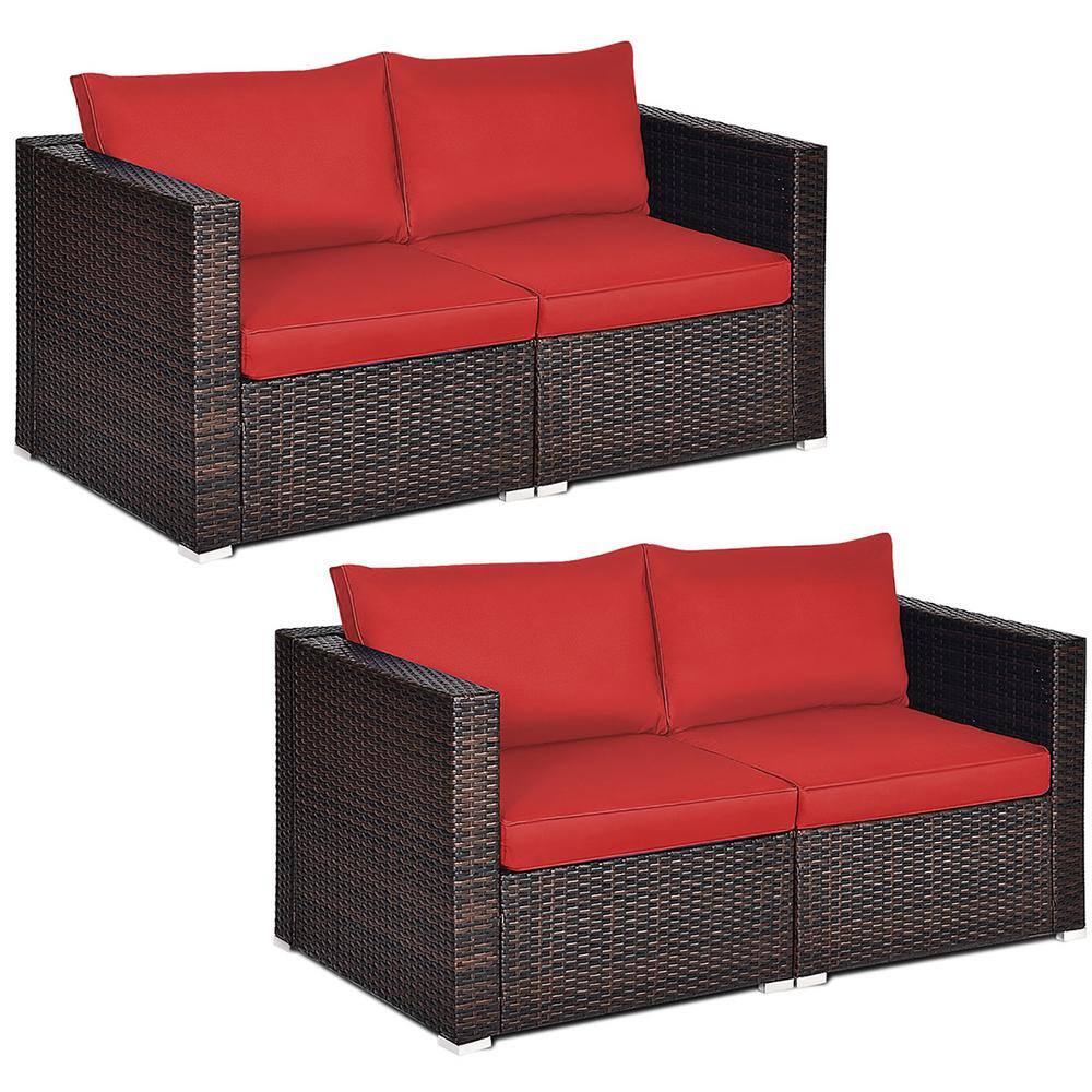 Costway Outdoor Patio Rattan Daybed Thick Pillows Cushioned Sofa Furniture  Red