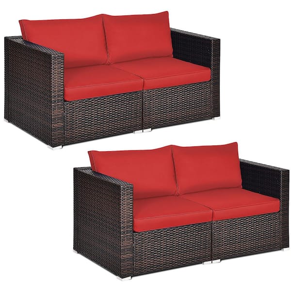 Costway 4-Piece Plastic Wicker Outdoor Sectional Set with Cushion Red Patio Rattan Corner Sofa Sectional Furniture Set