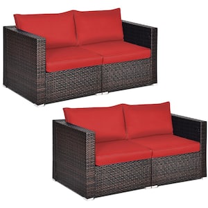 4-Piece Plastic Wicker Outdoor Sectional Set with Cushion Red Patio Rattan Corner Sofa Sectional Furniture Set