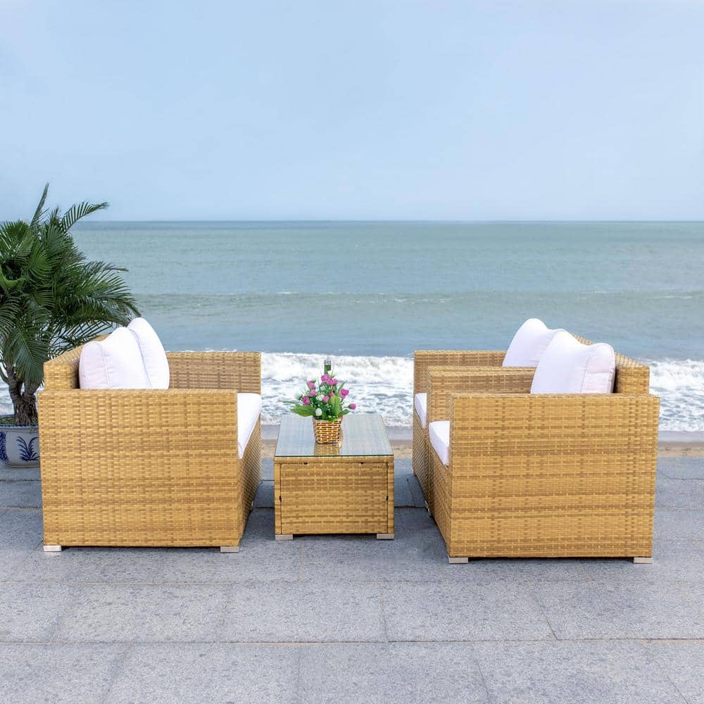 Natural Wicker and White Cushions 4-Piece Patio Set