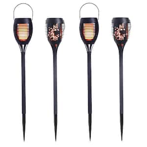 Sunpetal Collection Black Solar Integrated LED Weather Resistant 3-in-1 Tiki Path Light, 4-Pack