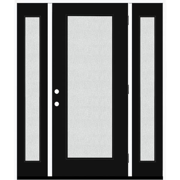 Legacy 68 in. x 80 in. Full Lite Rain Glass LHOS Primed Black Finish Fiberglass Prehung Front Door with Dbl 14 in. SL