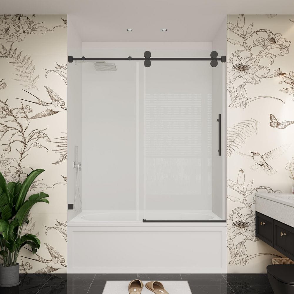 60 in. W x 60 in. H Single Sliding Frameless Bypass Bathroom Tub Door in Matte Black with Easy-Clean 3/8 in. Glass price history on PriceWatchPro