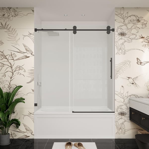 YINVANI 60 in. W x 60 in. H Single Sliding Frameless Bypass Bathroom Tub Door in Matte Black with Easy-Clean 3/8 in. Glass
