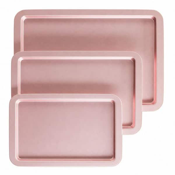 3-Piece Nonstick Ceramic Pink Baking Sheet Pan Set with Wider Grips, Oven Safe up to 450℉, for Cookies, Bread