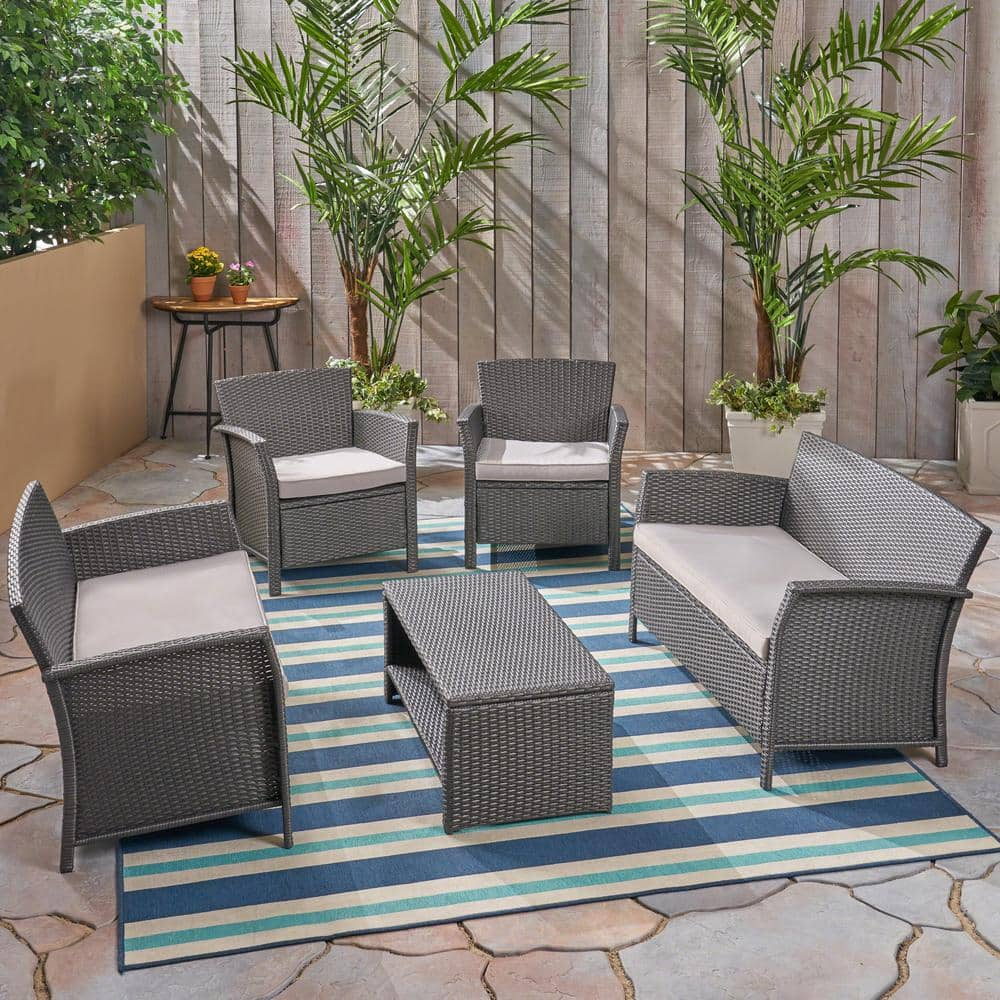 Noble House St. Lucia Grey 5-Piece Wicker Patio Conversation Set with ...