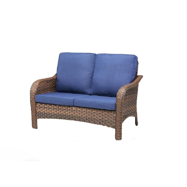 RoundEase 2-Seat Brown PE Wicker Outdoor Loveseat with 4 in. Olefin Blue Cushions/Patio Sofa Furniture