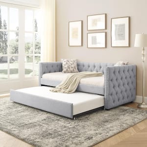 Tufted Gray Upholstered Twin Daybed with Trundle and Copper Nail