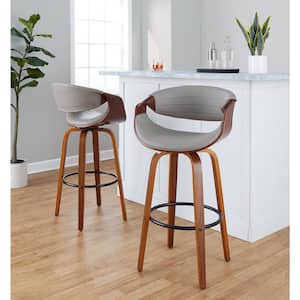 Symphony 29.25 in. Grey Faux Leather, Walnut Wood and Black Metal Fixed-Height Bar Stool (Set of 2)