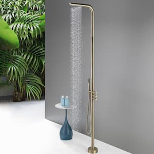 Outdoor Exposed 3-Handle Freestanding Tub Faucet with Rainfall Shower Head in Brushed Gold