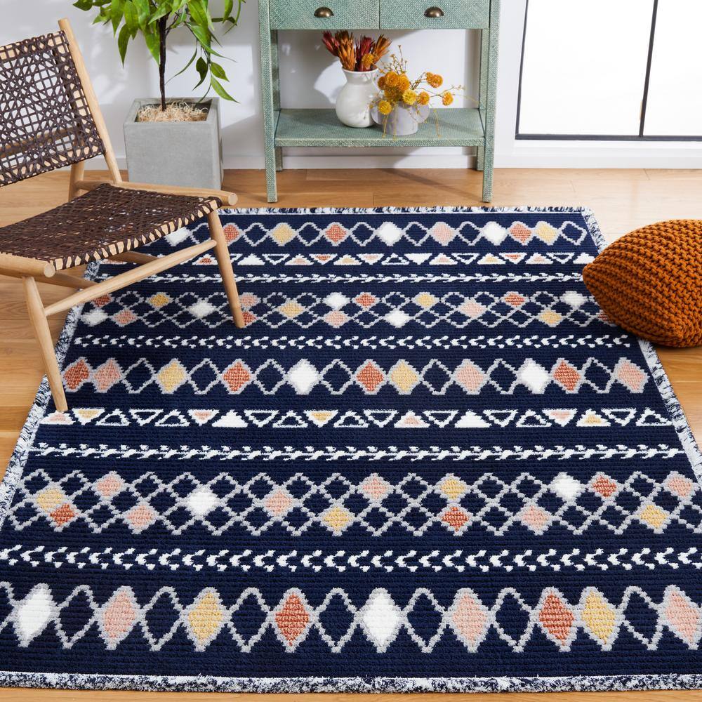 Navy and Multicolor Hand-knotted Rectangular Synthetic Rug