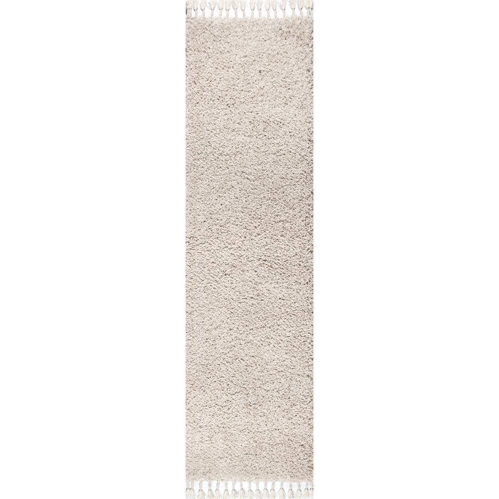 Cream 2 x 8 Shag Reversible Synthetic Area Rug with Tassels