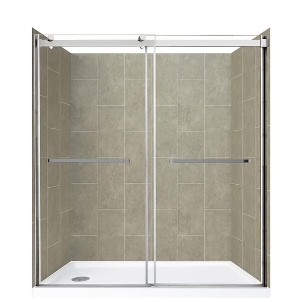 CRAFT + MAIN Lagoon Double Roller 60 in L x 32 in W x 78 in H Left Drain Alcove Shower Stall Kit in Shale and Silver Hardware