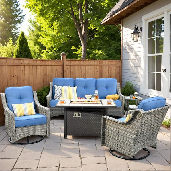 Toject Eureka Gray 5-Piece Wicker Outdoor Patio Conversation Sofa Chair Seating Set with Metal Fire Pit and Blue Cushions