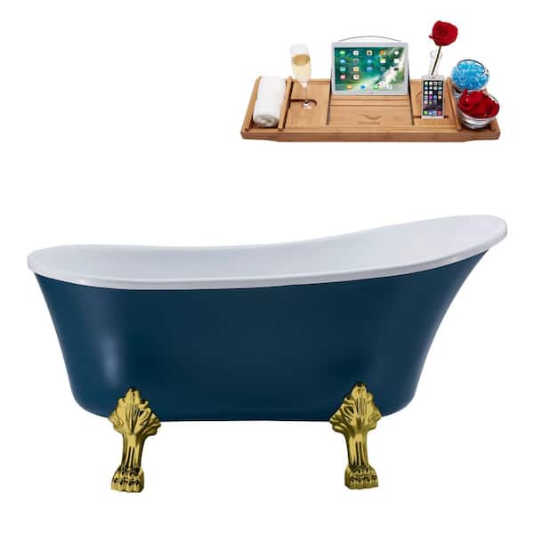 Streamline 55 in. Acrylic Clawfoot Non-Whirlpool Bathtub in Matte Light Blue With Brushed Gold Clawfeet And Polished Chrome Drain