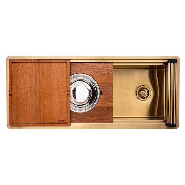 Dual-Tier Pro 45 in. Undermount 16-Gauge Stainless Steel Workstation Kitchen Sink in Matte Gold With Rounded Corners