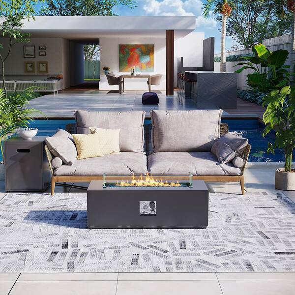 UPHA 42 in. Rectangular Iron Outdoor Dark Gray Fire Pit Table with Propane Tank Holder and Glass