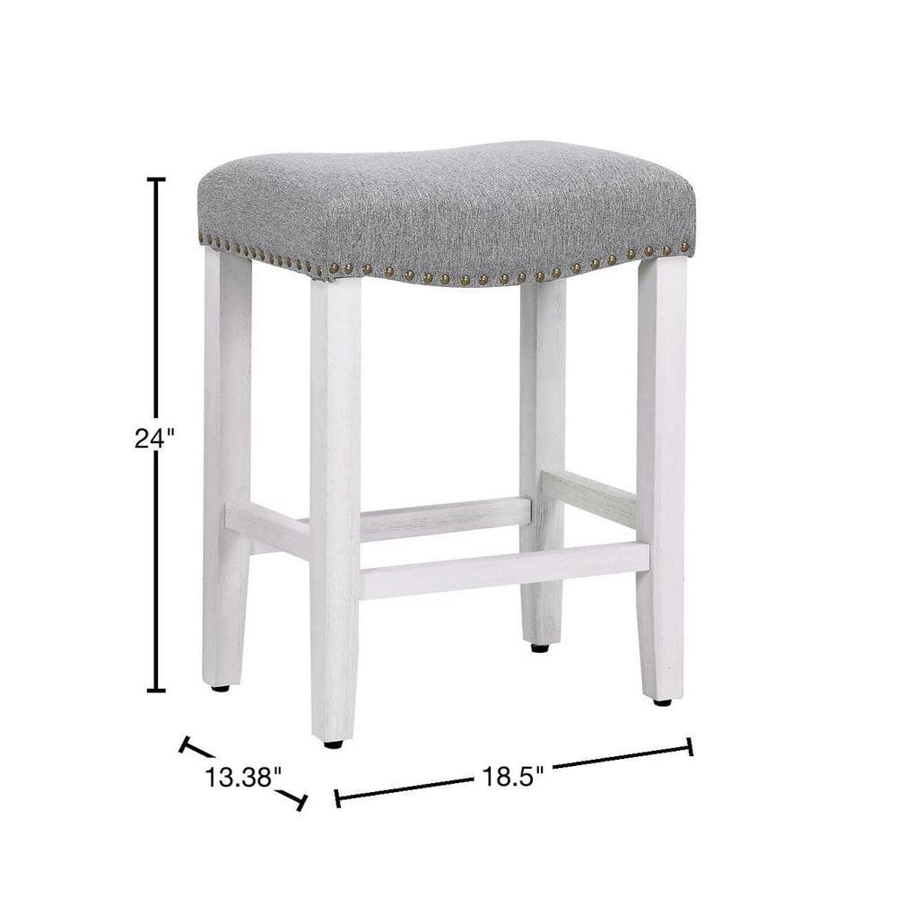 Antique White & Gray 24" Upholstered Saddle Bar Stool with Nailhead Trim
