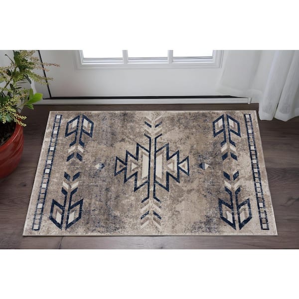 2 ft. x 5 ft. Blue And Beige Abstract Area Rug