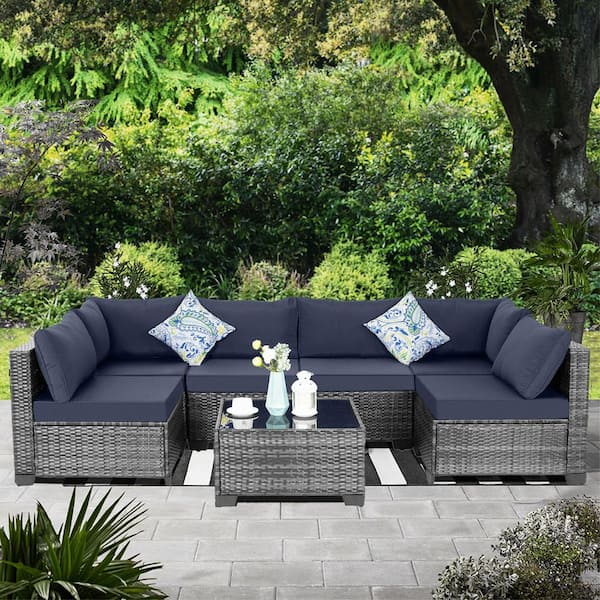 Unbranded 7-Piece Wicker Outdoor Patio Sectional Sofa, All-Weather PE Rattan Conversation Set with Blue Cushions and Coffee Table