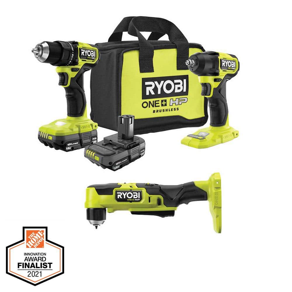 RYOBI ONE+ HP 18V Brushless Cordless Compact 1/2 in. Drill/Driver, Right Angle Drill, Impact Wrench, (2) Batteries, Charger